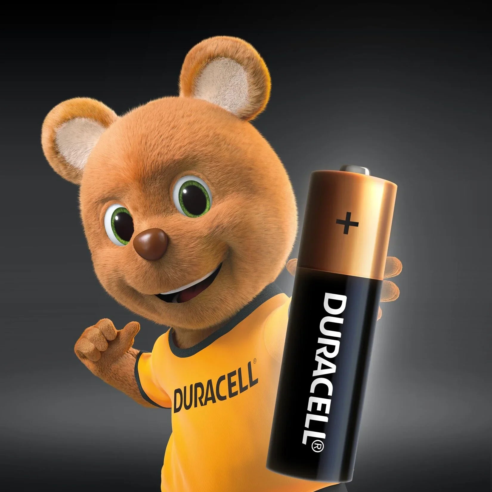 Duracell maskotu bir ayıcık, elinde Duracell alkalin pil tutuyor.
