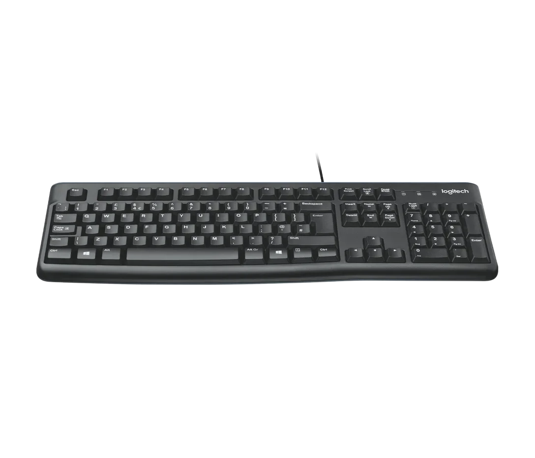 logitech k120 siyah kablolu Q klavye, sayı tuş takımıyla önden görünüm