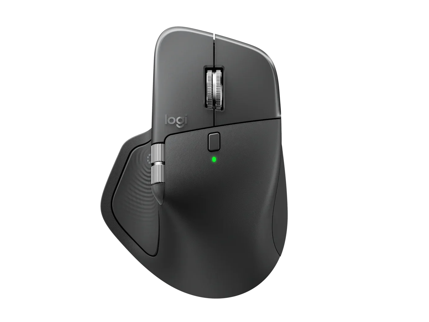 logitech mx master 4 for business mouse üstten görünüm, siyah kablosuz ergonomik tasarım