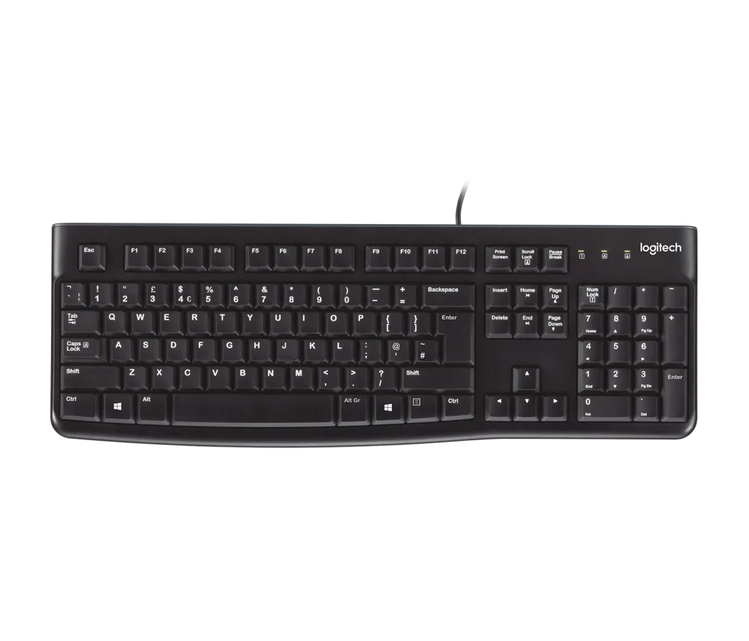 Logitech K120 kablolu Q klavye, siyah renkli, numerik tuş takımlı üstten görünüm