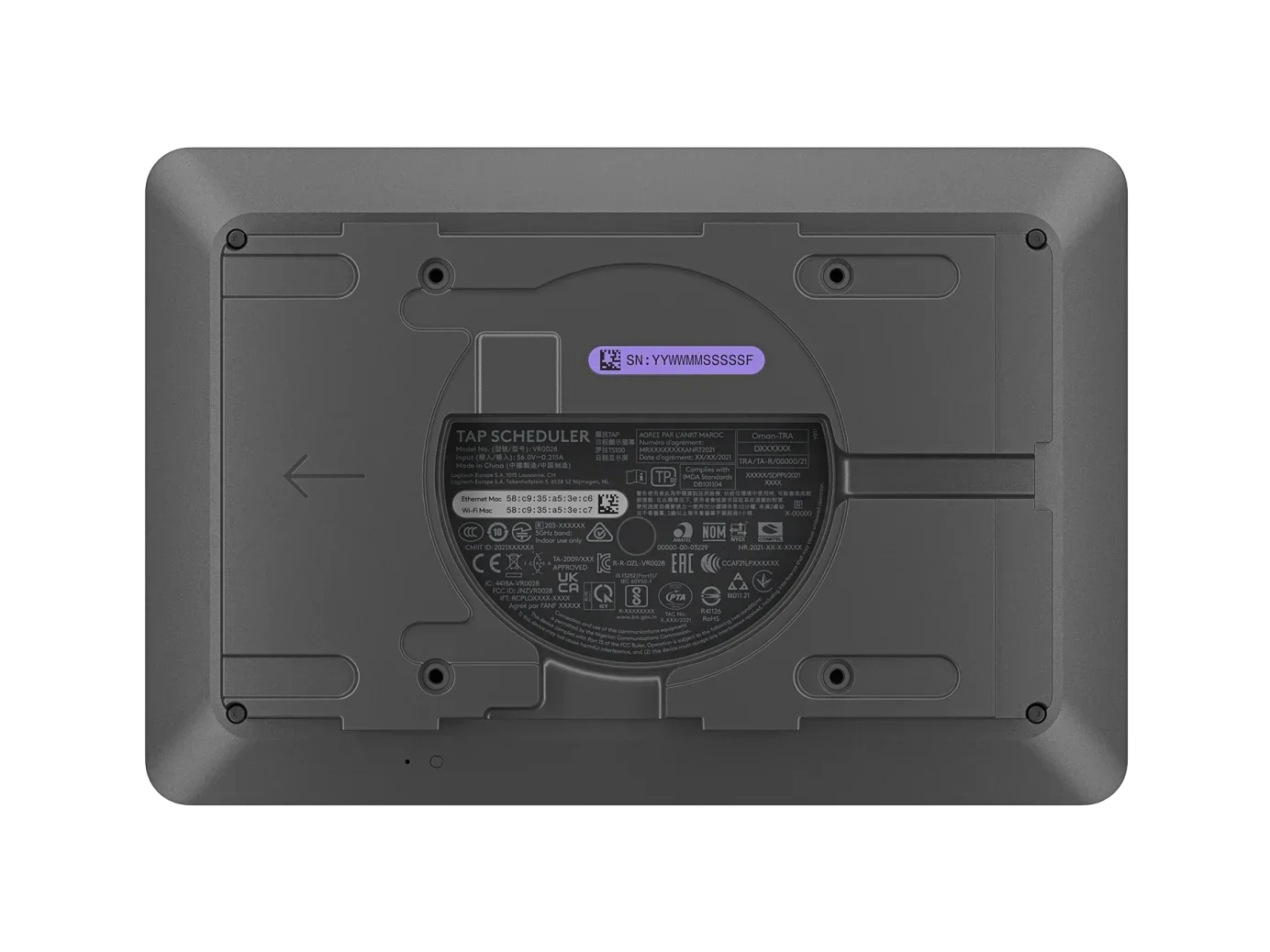 logitech tap scheduler arka görünüm, bağlantı ve etiket detayları