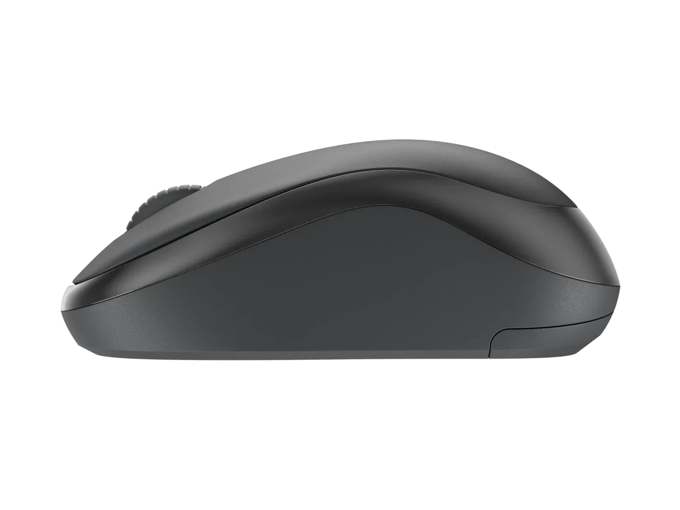 Logitech M240 kablosuz mouse yan profilden, siyah gri tasarımda