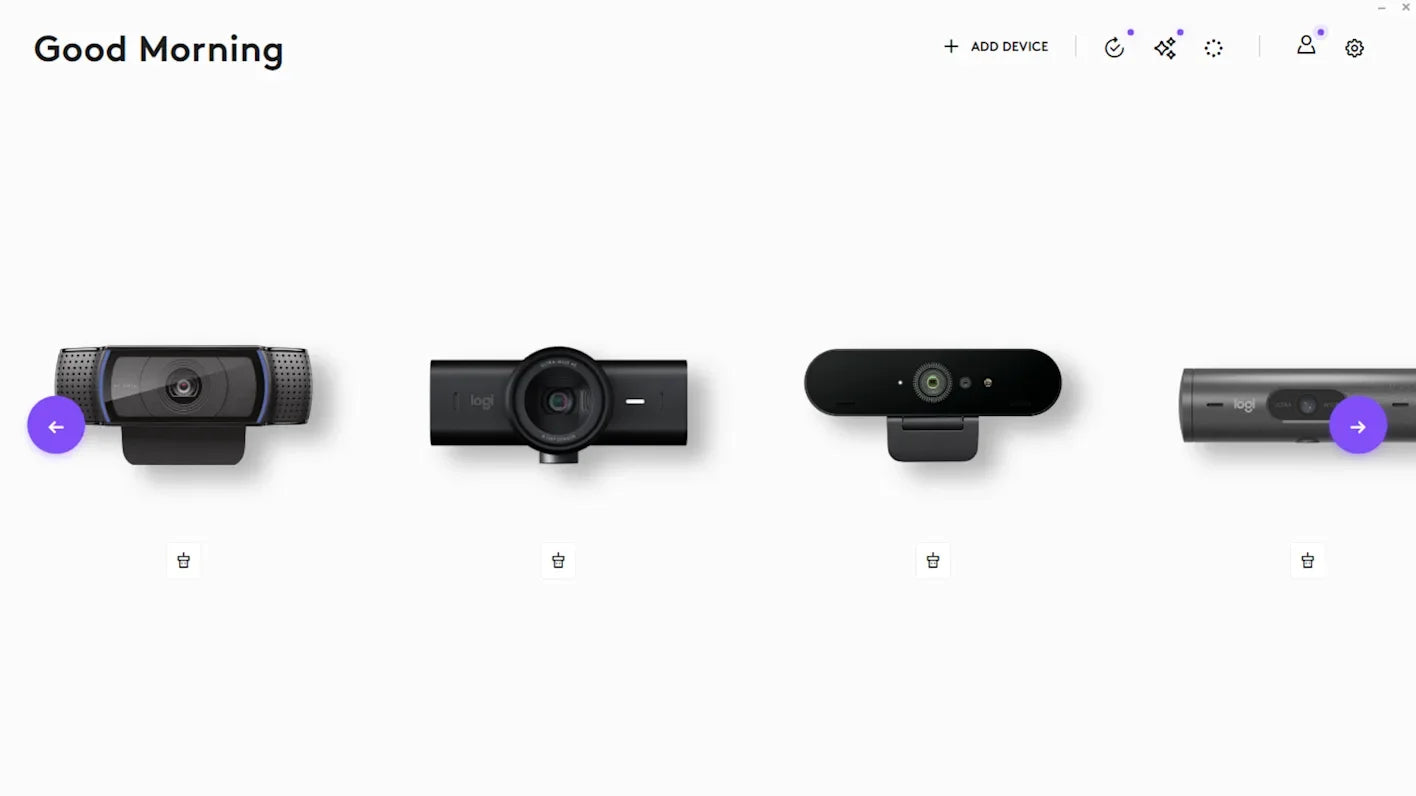 Farklı modellerde Logitech webcam seçenekleri, beyaz arka planda sıralı şekilde gösteriliyor.