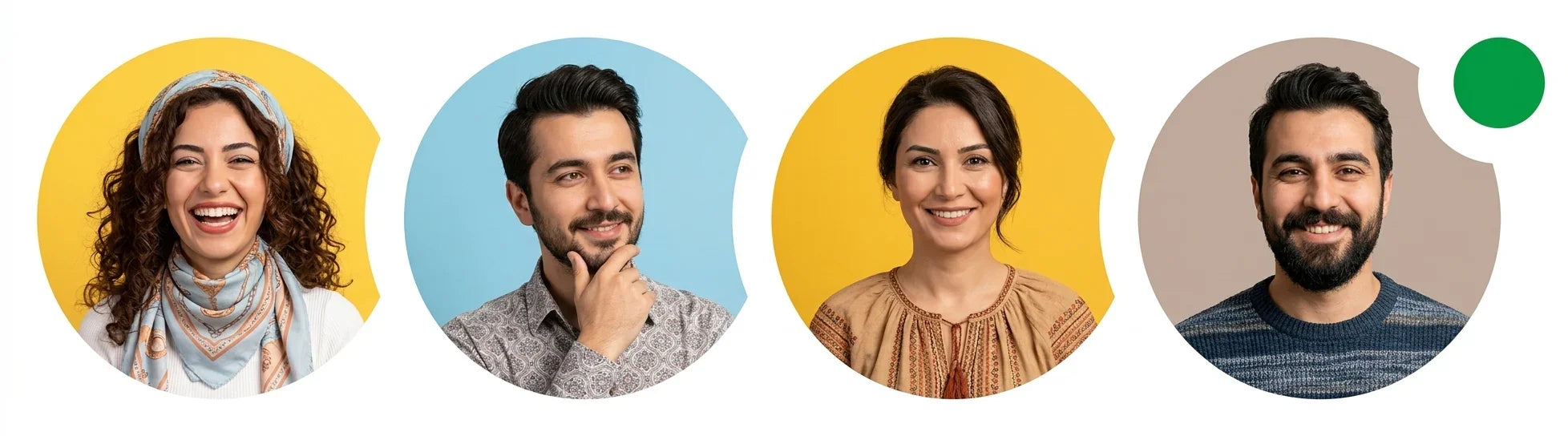 Farklı arka plan renklerinde dört kişilik mutlu ekip avatar fotoğrafı